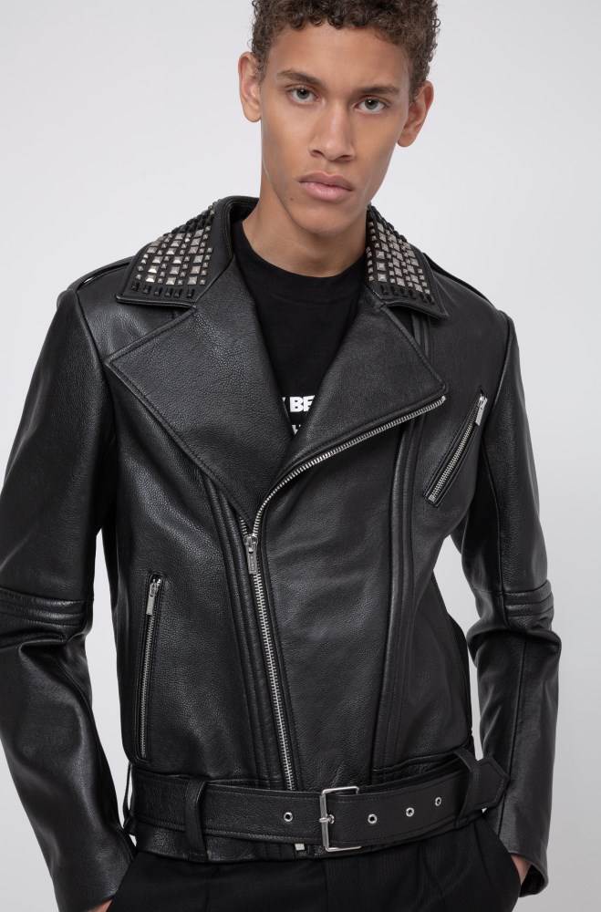 Hugo Boss Slim-fit leather jacket Svarte | AoR0oUJP