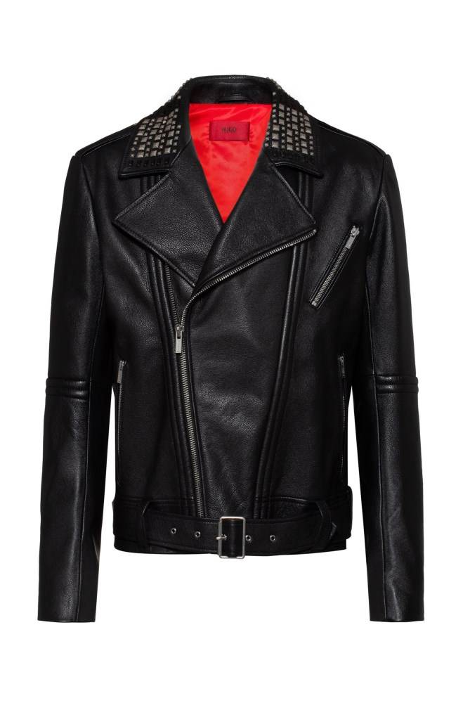 Hugo Boss Slim-fit leather jacket Svarte | AoR0oUJP