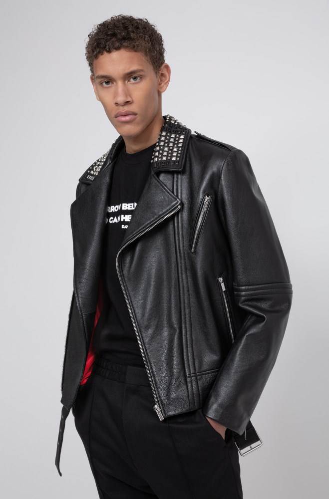 Hugo Boss Slim-fit leather jacket Svarte | AoR0oUJP