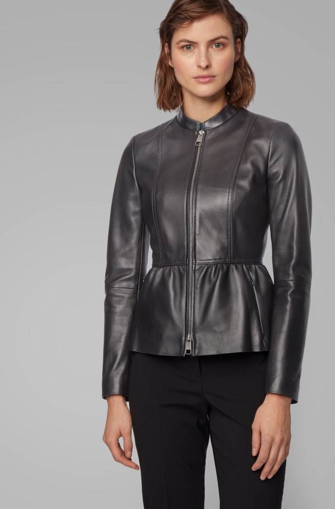 Hugo Boss Slim-fit leather jacket Svarte | FnEaJSWy