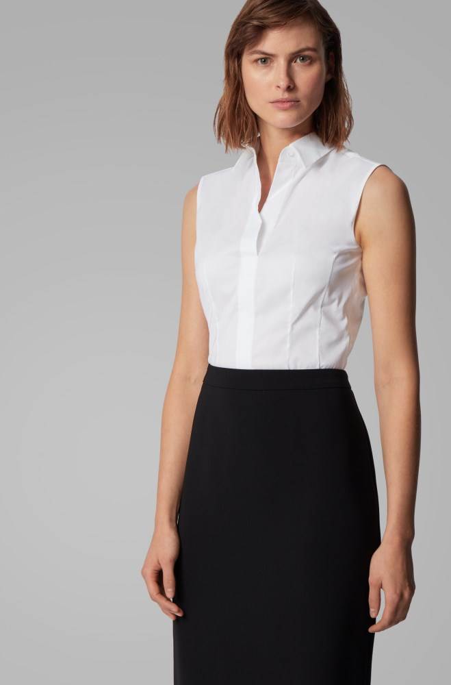 Hugo Boss Slim-fit sleeveless blouse Hvite | rLshMKws