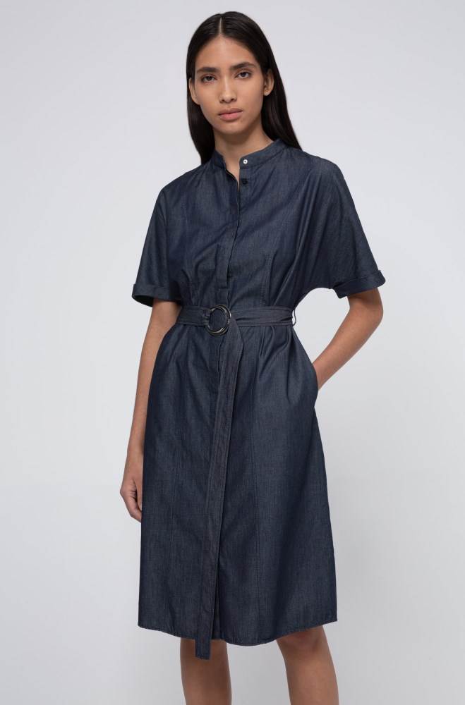 Hugo Boss Stand-collar shirt dress Mørke Blå | OtJWdFLa