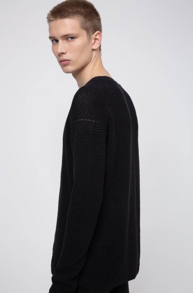 Hugo Boss Structured knit sweater Svarte | pB3GKRWn