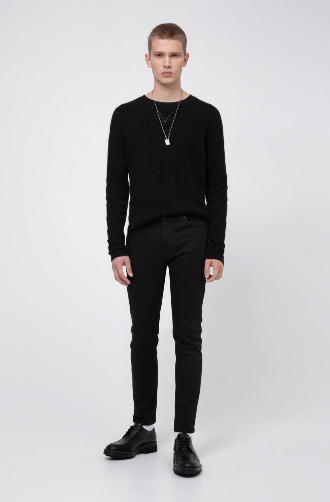 Hugo Boss Structured knit sweater Svarte | pB3GKRWn