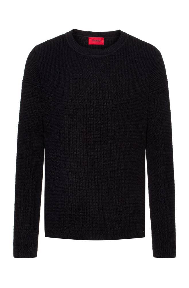 Hugo Boss Structured knit sweater Svarte | pB3GKRWn