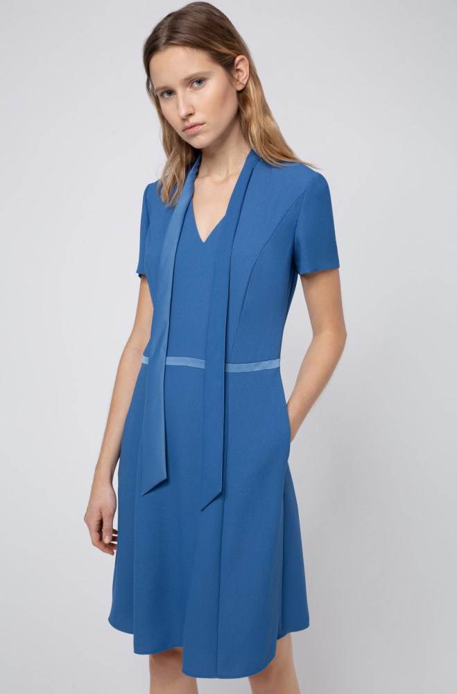 Hugo Boss Tie-neck crepe dress Blå | UExnqURe