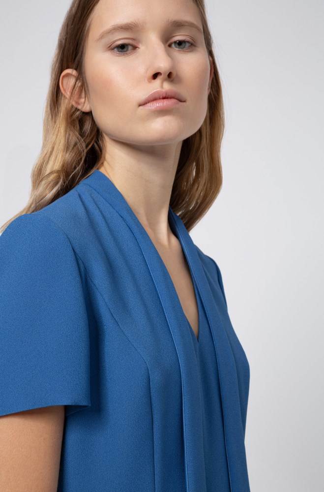 Hugo Boss Tie-neck crepe dress Blå | UExnqURe